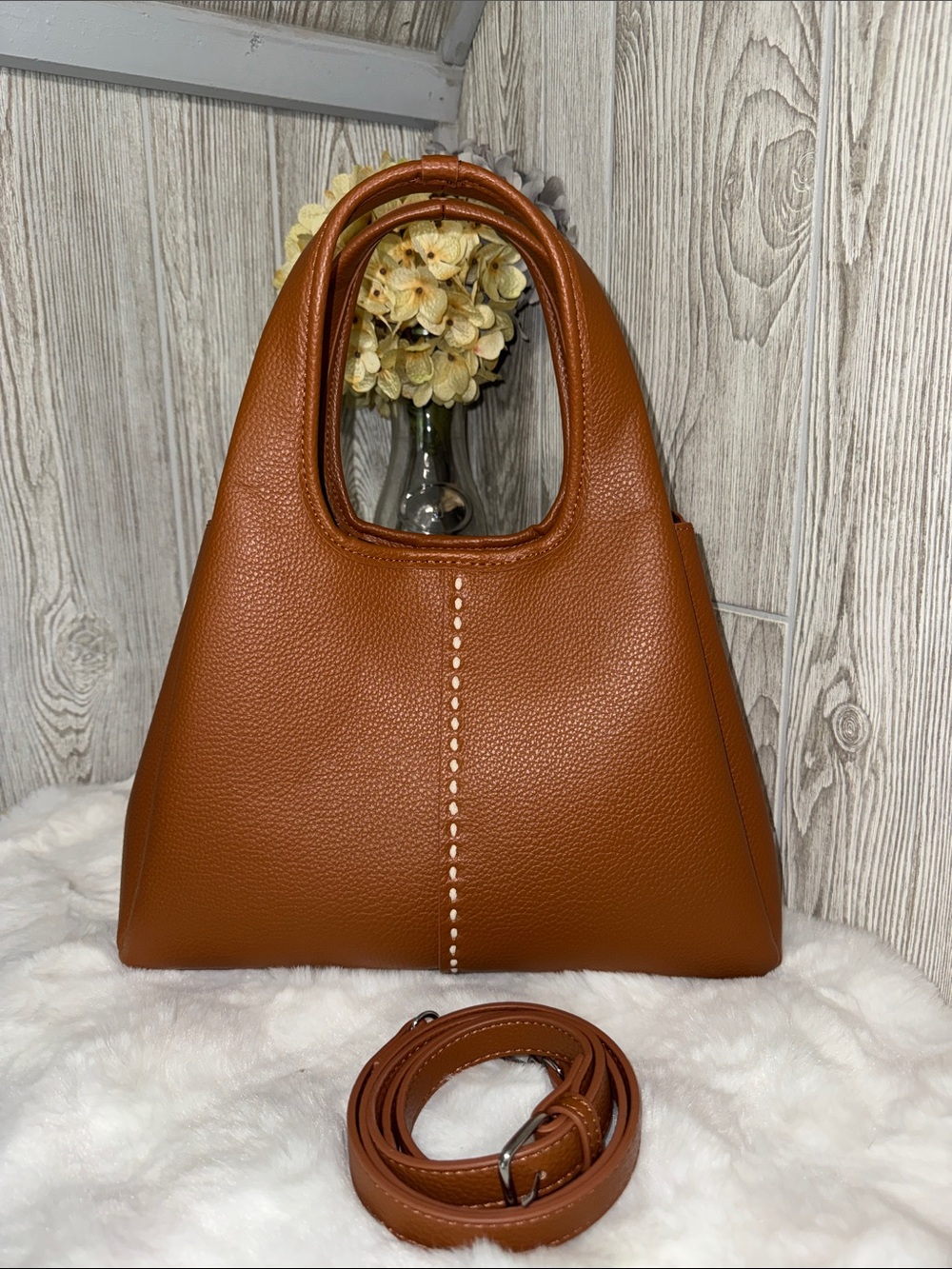 ellos Tan Pebbled  Shoulder Bag with Detailing